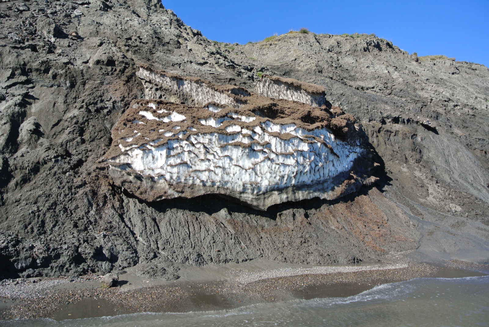 An eroding coastal bluff with a thick band of white ground ice melting out above the beach, Qikiqtaruk (Herschel Island), Yukon