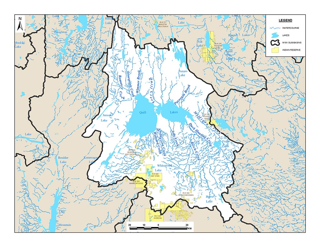 Map of the Quill Lakes watershed showing Big and Little Quill Lakes at its centre, the creeks draining into them, and First Nations reserve lands in yellow, including Muskowekwan on the southern edge